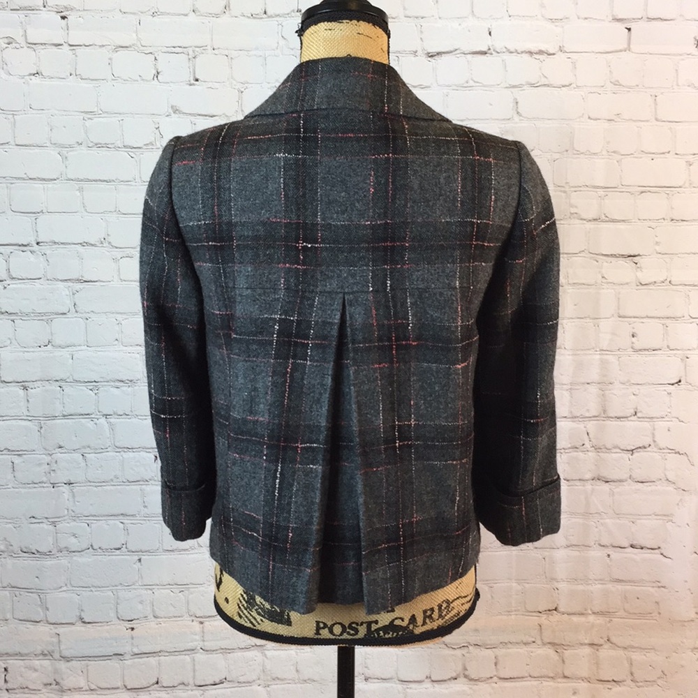 Tahari Gray Pink Plaid Short Jacket Wool Blend - Picture 4 of 6
